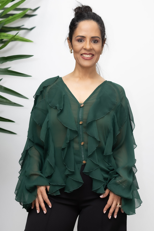 Emerald Whisper Ruffle Blouse