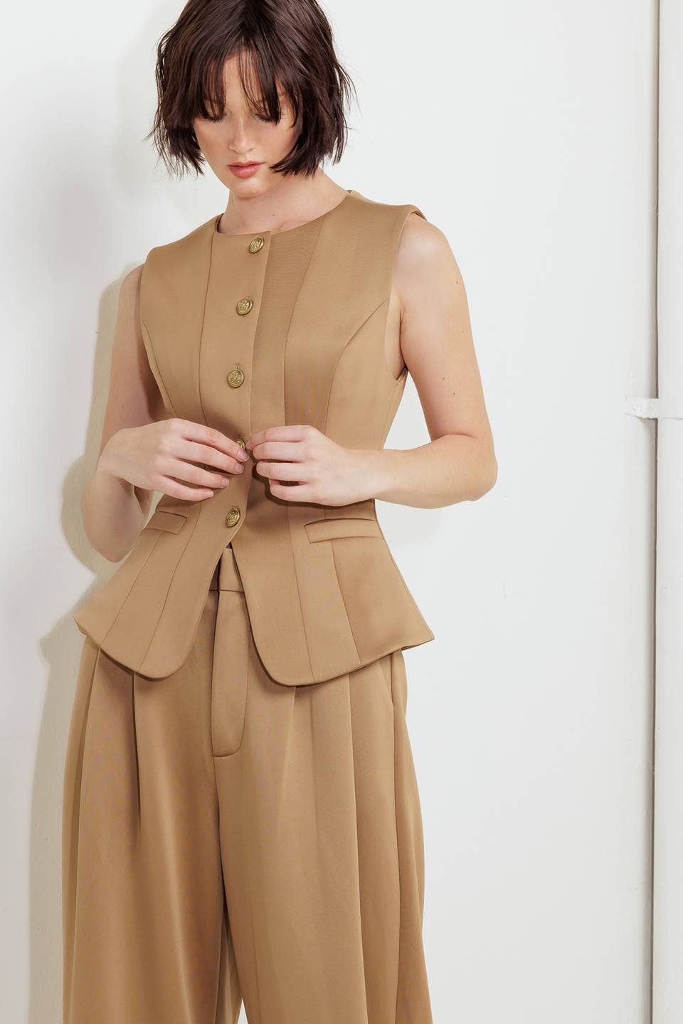 Camel Power Vest & Wide-Leg Pants Set