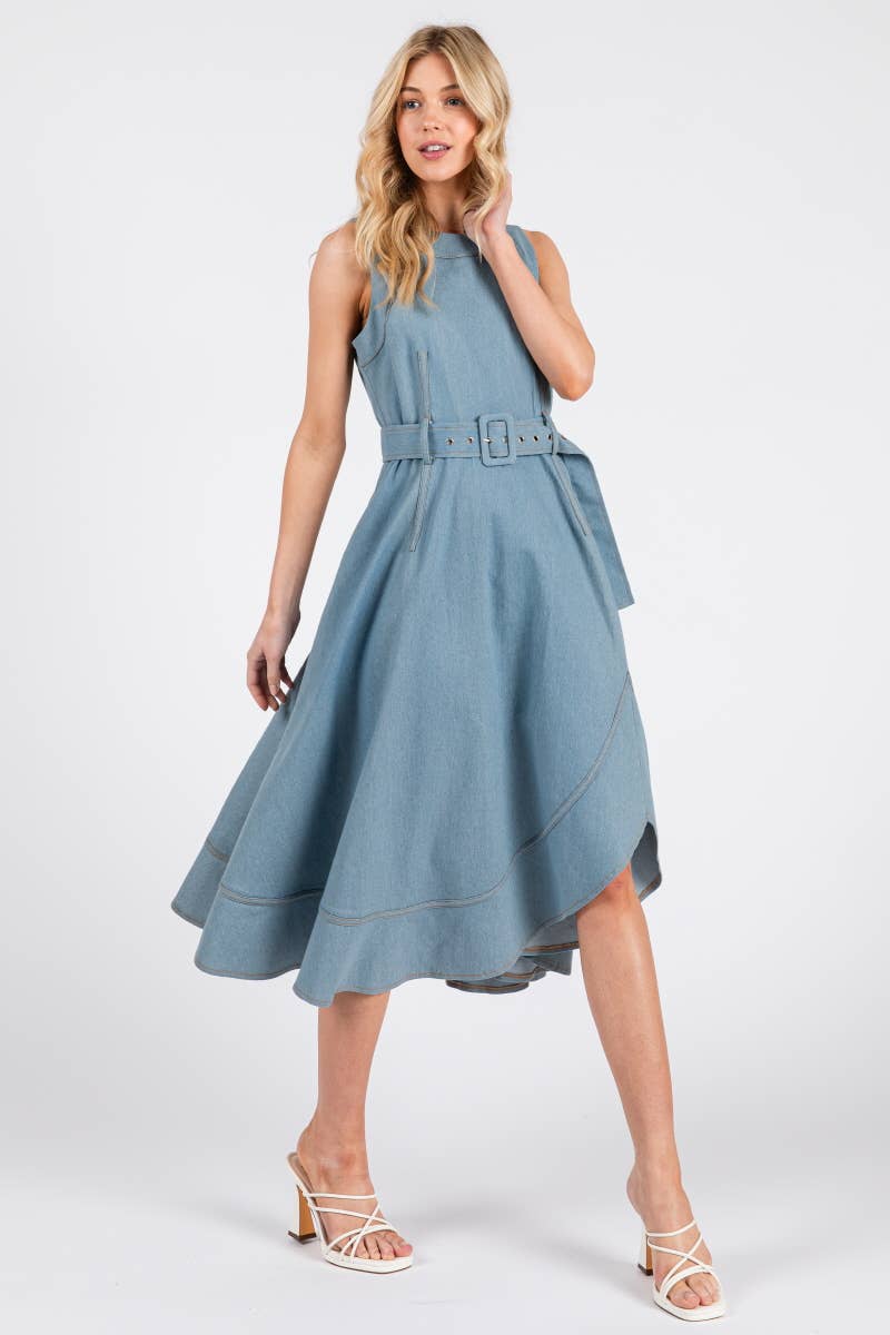 MILI Solid Denim Sleeveless Midi Dress LIGHT DENIM