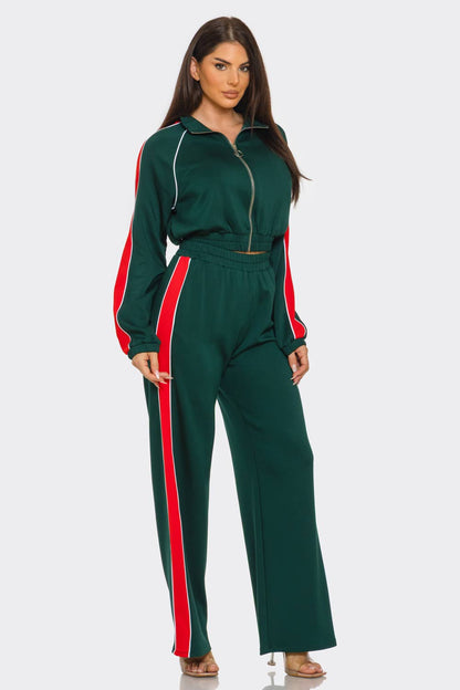 Colorblock Front Zip Up Top And Pants Set