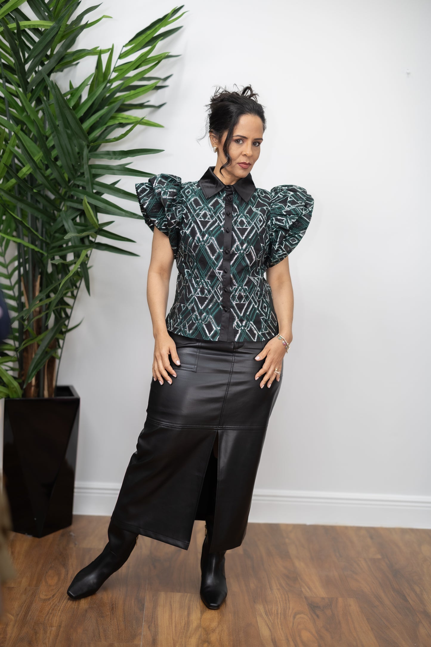 Celeste Geometric Sheer Puff Sleeve Blouse