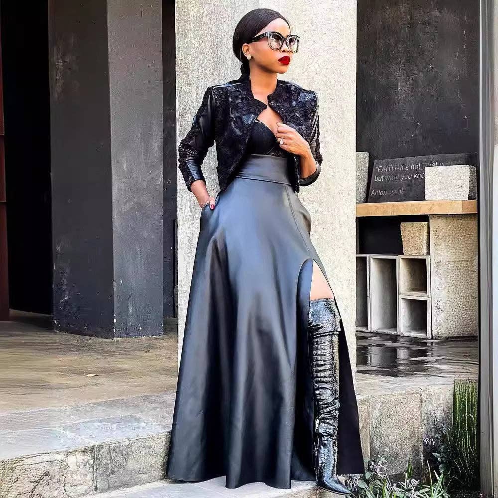 Women Fashion Sexy Solid Color Leather Long Skirt