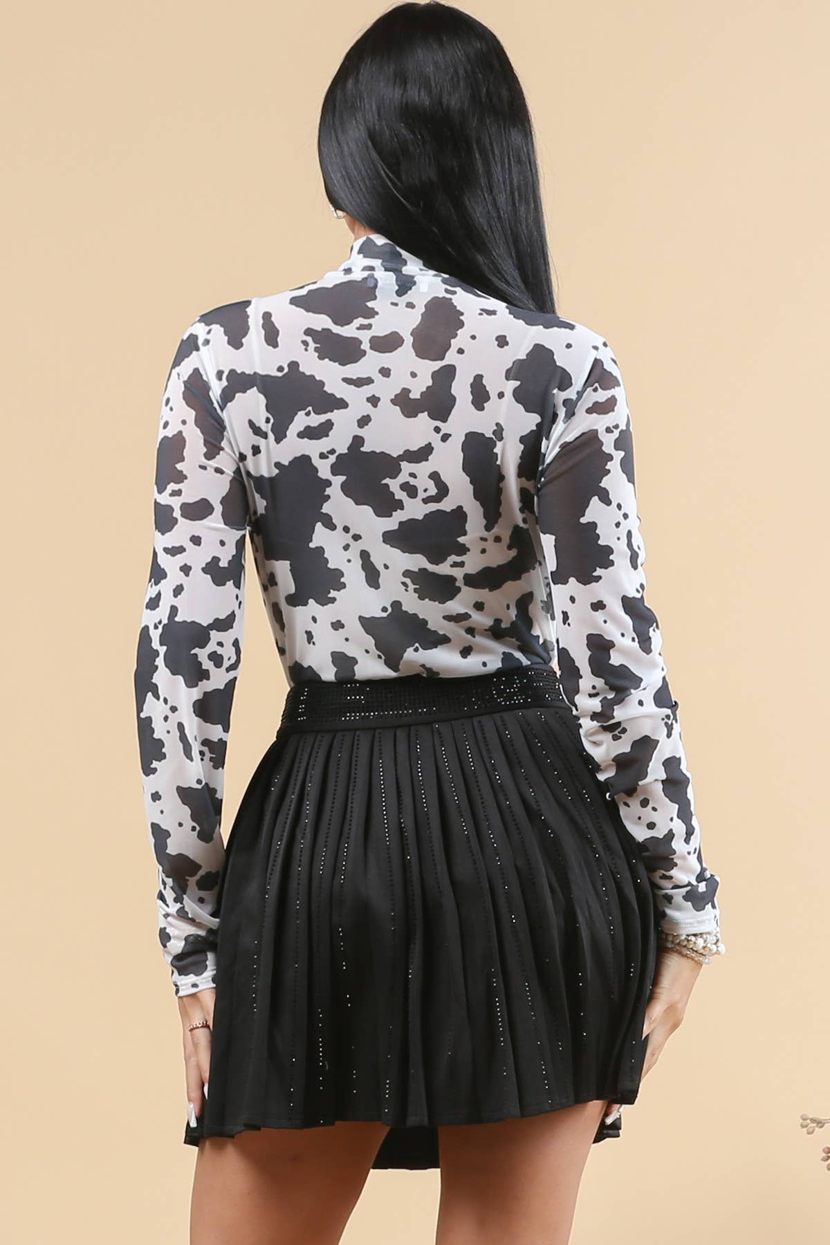 T289-Cow- Cow Print Mesh  Mock Neck Bodysuit