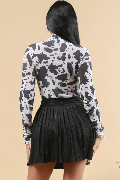 T289-Cow- Cow Print Mesh  Mock Neck Bodysuit