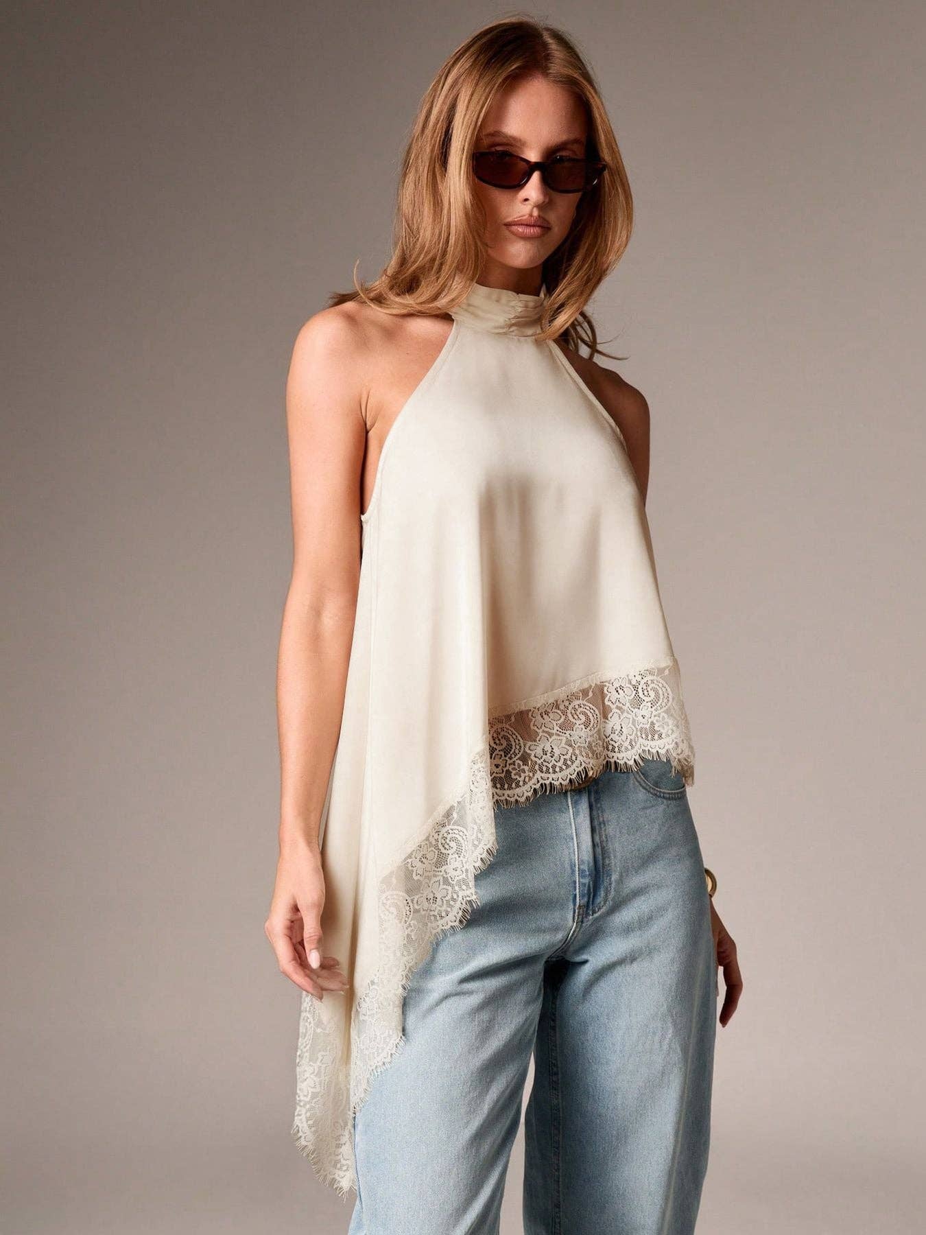 Women’s Satin Lace Trim Halter Neck Asymmetrical Top