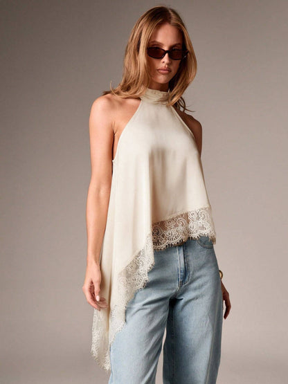 Women’s Satin Lace Trim Halter Neck Asymmetrical Top