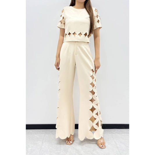 Ivory Sculpted Cutout Palazzo Pants