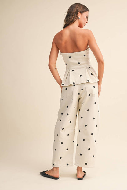 POLKADOT STRAPLESS PEPLUM TOP AND BARREL PANTS SET