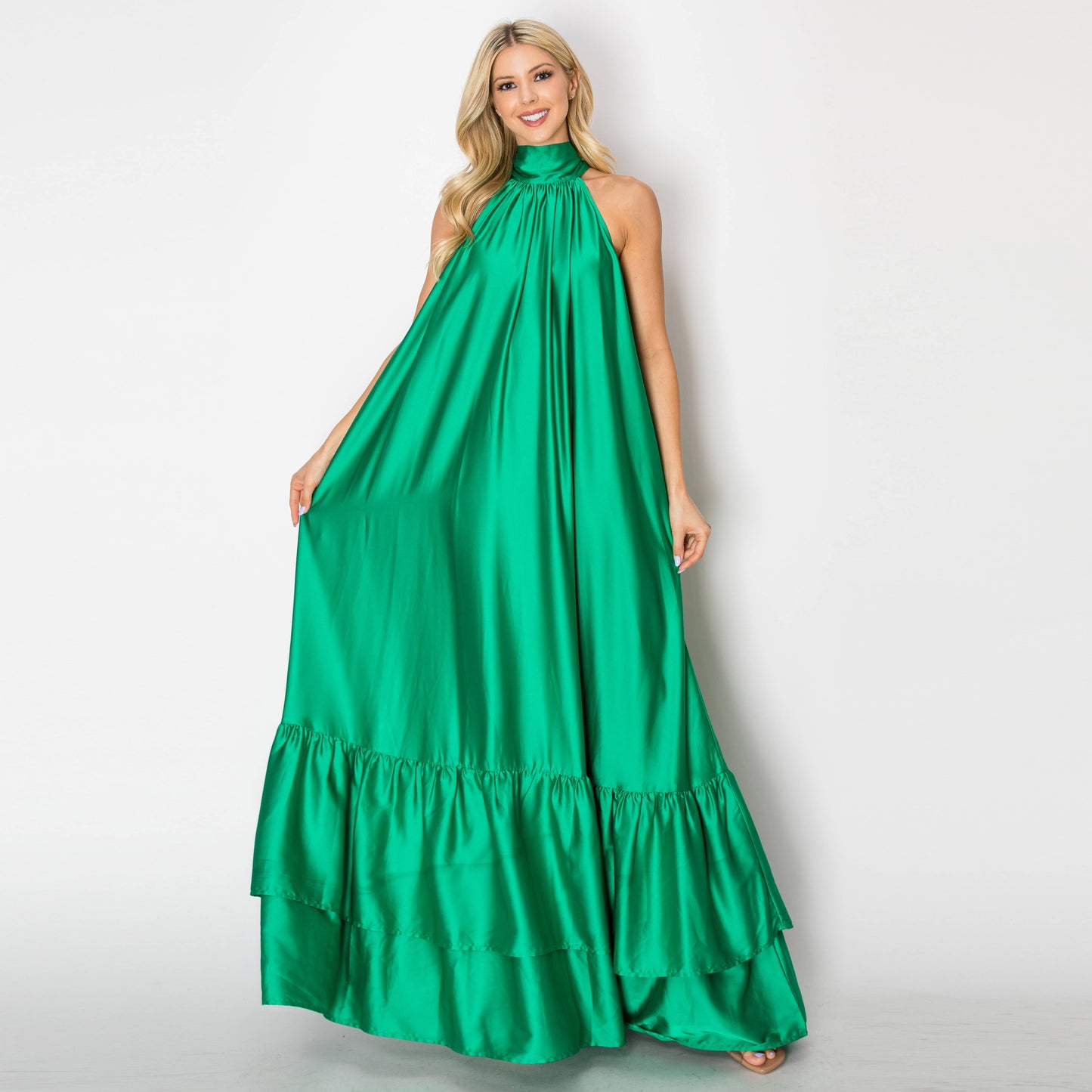 Emerald Flow Halter Maxi Dress