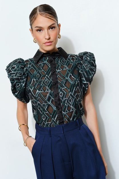 Celeste Geometric Sheer Puff Sleeve Blouse