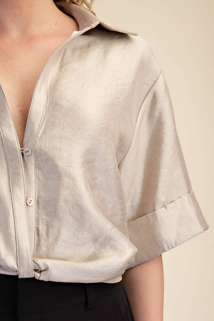 Deep Neck And Lapel Collar Short Sleeve Shirt