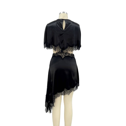 Noir Lace Cutout Cape Overlay Mini Dress