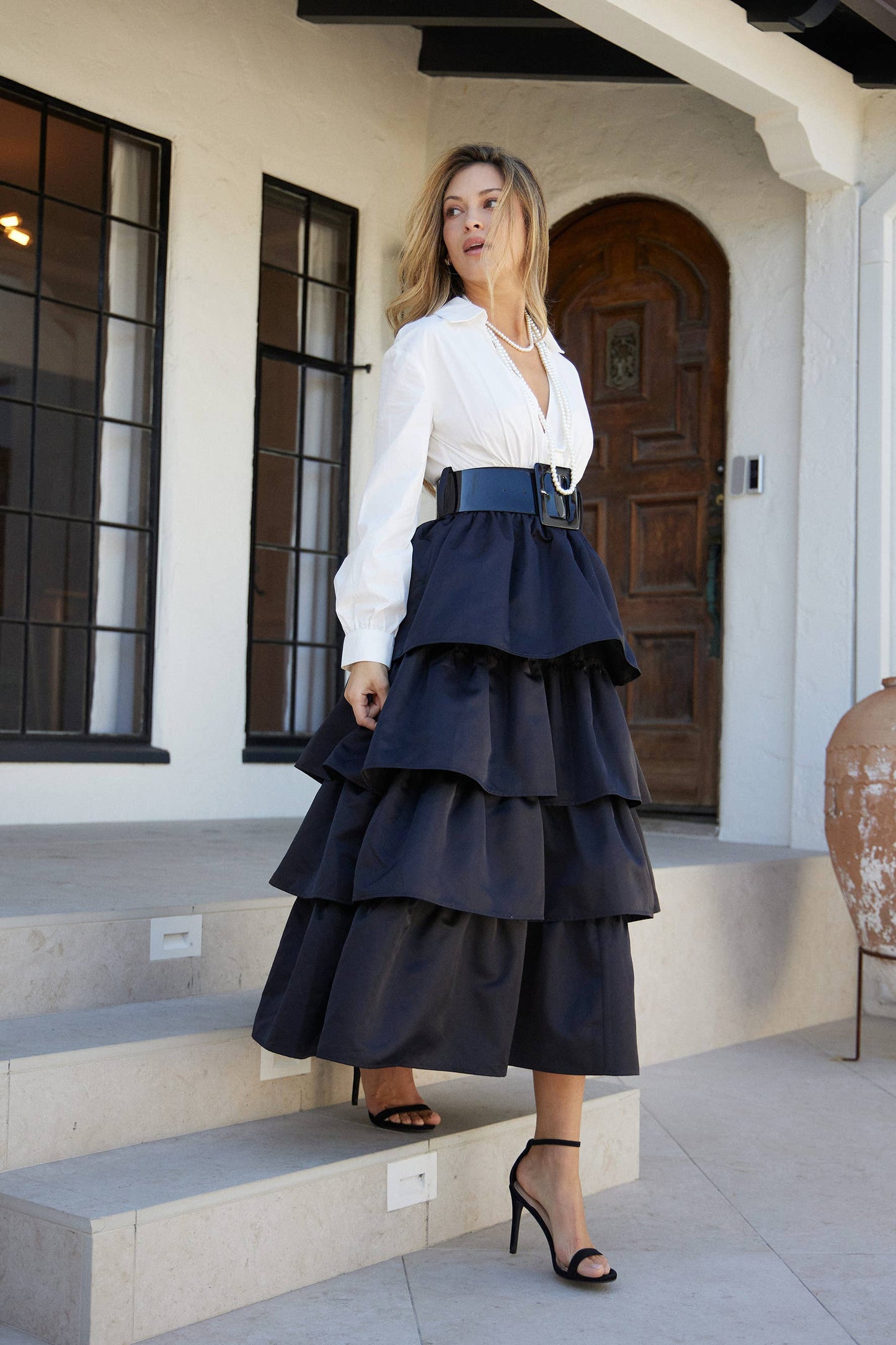 Manuela DEEP V NECK TIERED MIDI DRESS WITH ACCENT BELT