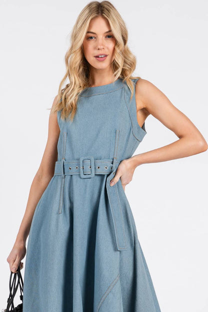 MILI Solid Denim Sleeveless Midi Dress LIGHT DENIM