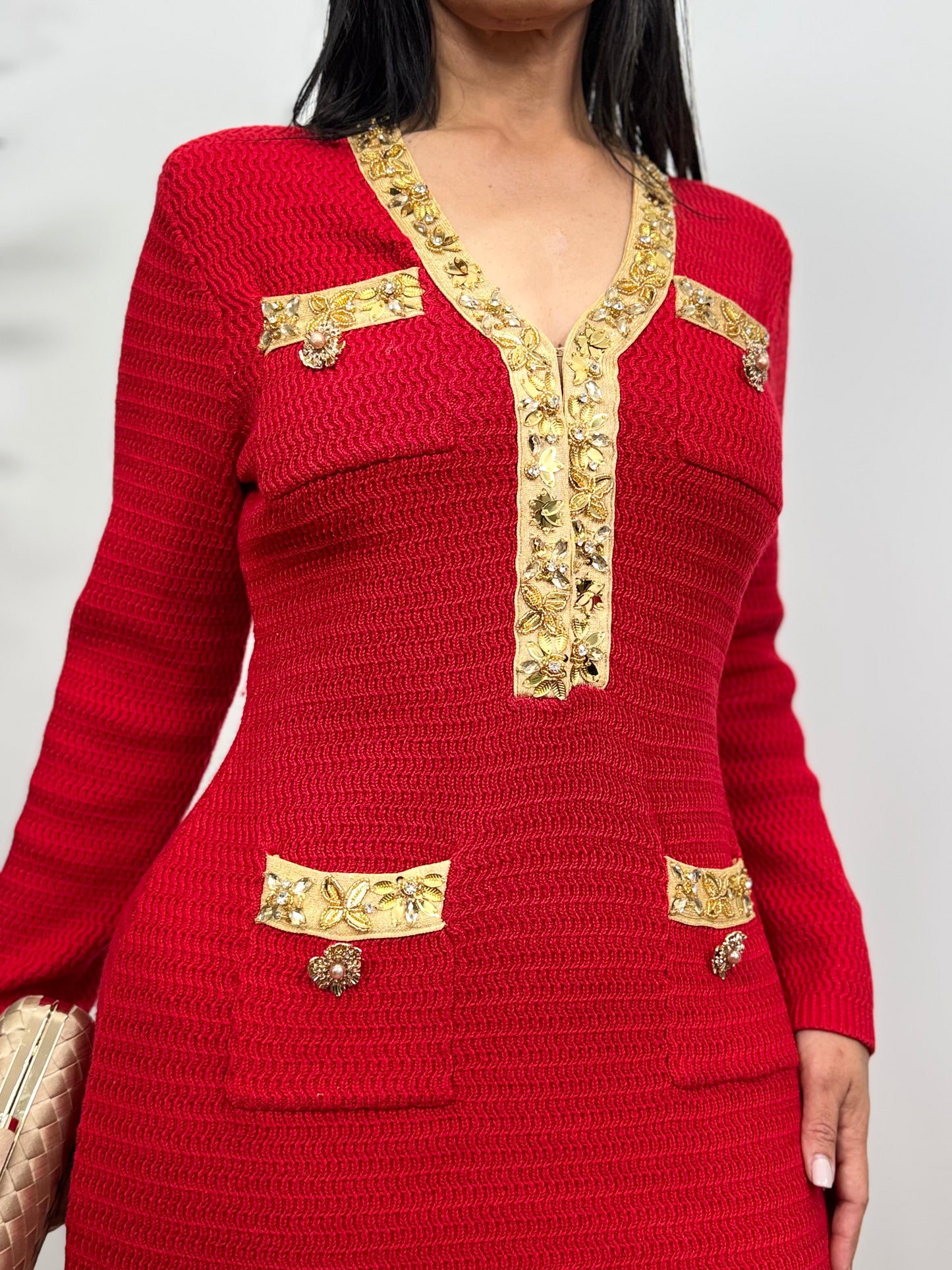 Carolina Elegant Knitted V-Neck Hand-Beaded Long-Sleeve Dress