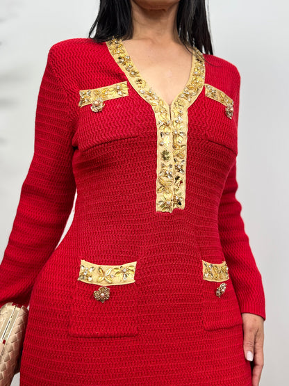 Carolina Elegant Knitted V-Neck Hand-Beaded Long-Sleeve Dress