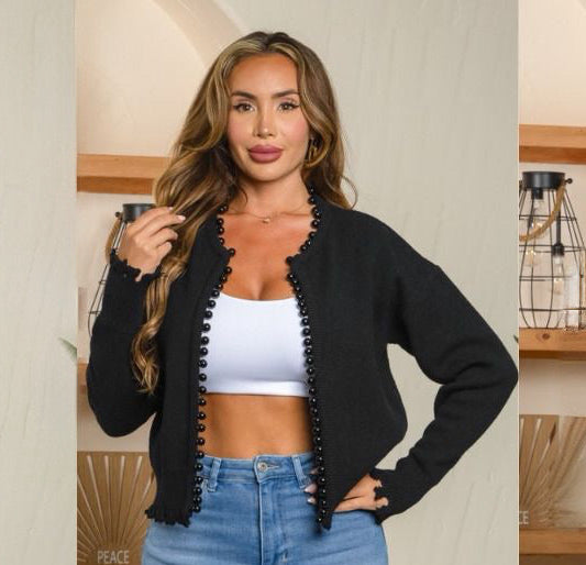 Paris Noir Pearl-Trim Cardigan