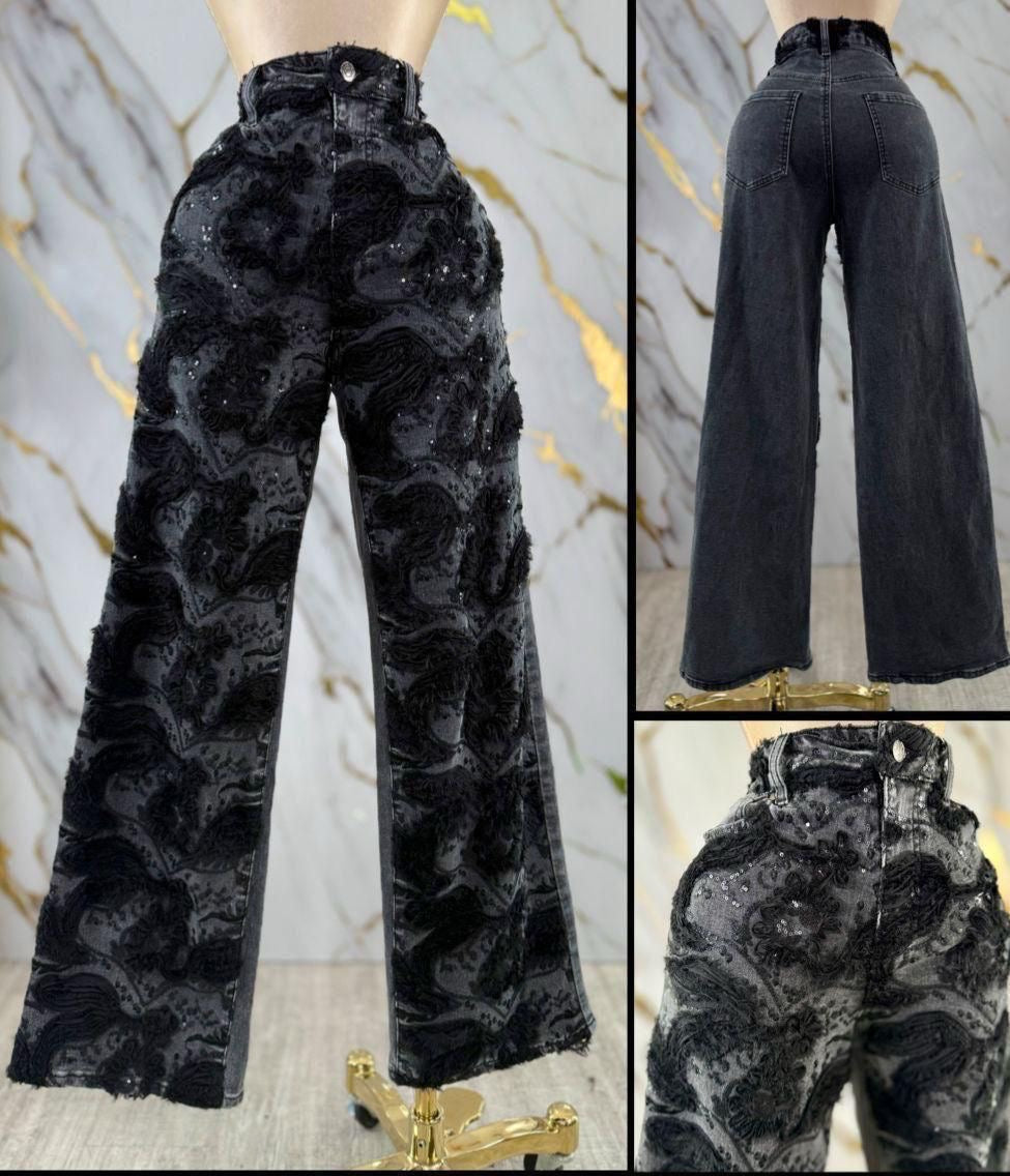 Noir Lace Wide-Leg Jeans