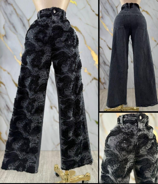 Noir Lace Wide-Leg Jeans