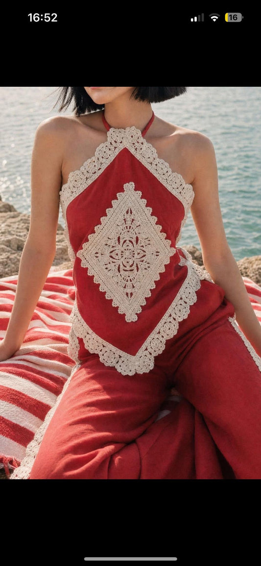 Valencia Crochet Linen Pants Set