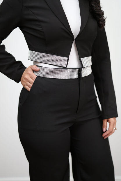 Conjunto de blazer y pantalón con diamantes de imitación