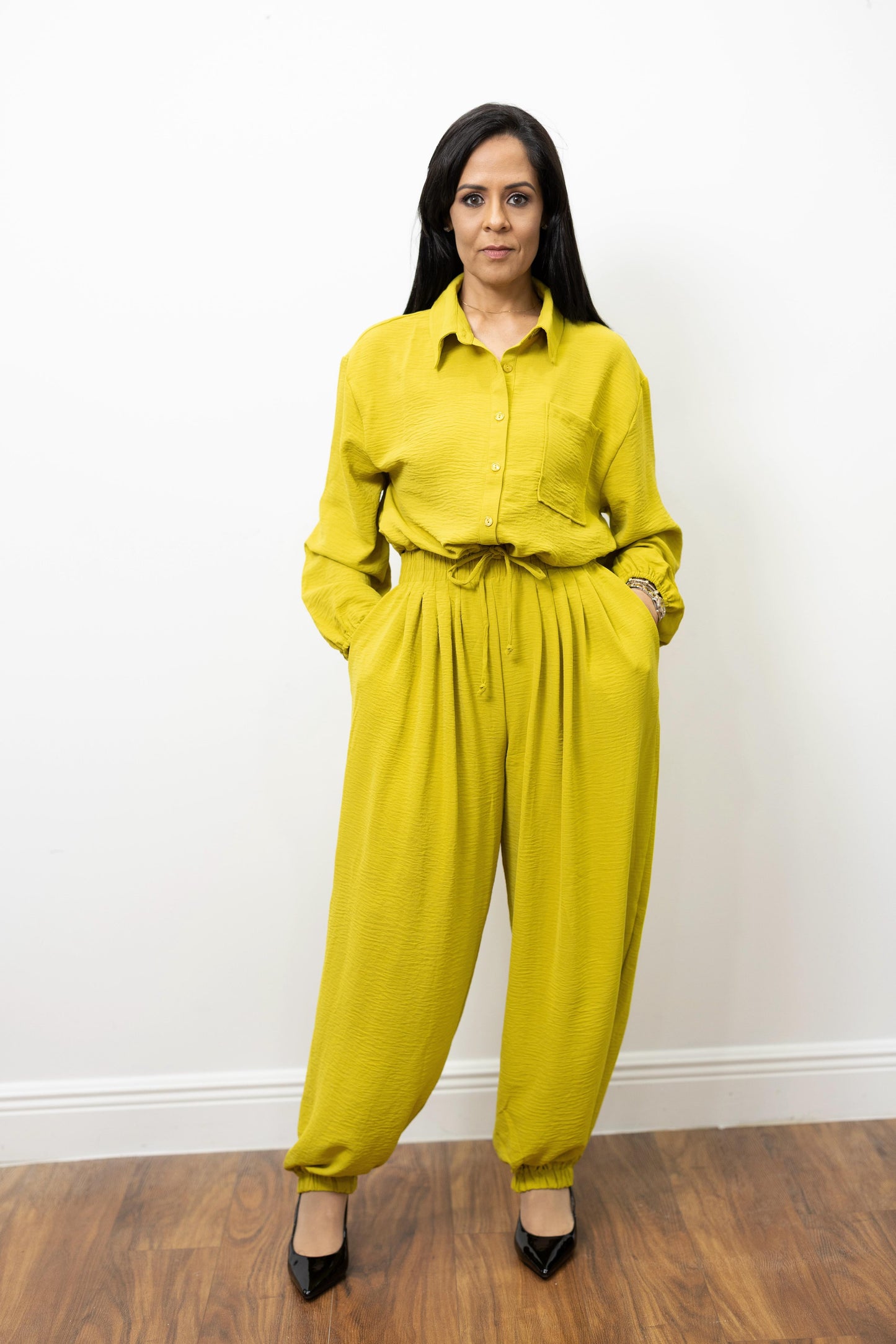 Button Down Elastic Spaghetti Tie Top & Pants Set