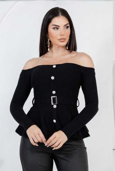 Bella Noir Off-Shoulder Peplum Top