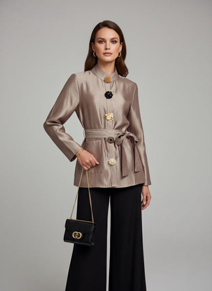 Satin Belted Blazer with Statement Buttons
