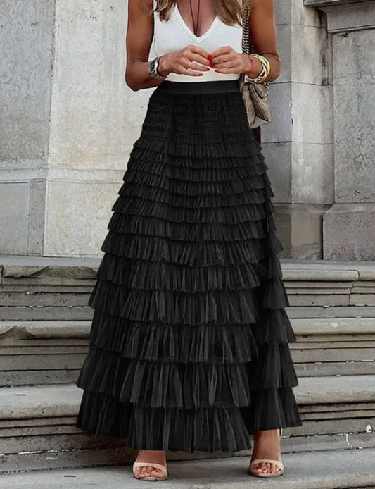 Falda midi abullonada de tul con cintura alta color lila