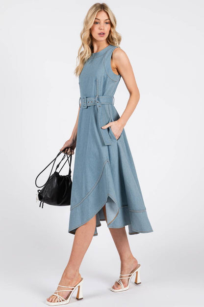 MILI Solid Denim Sleeveless Midi Dress LIGHT DENIM