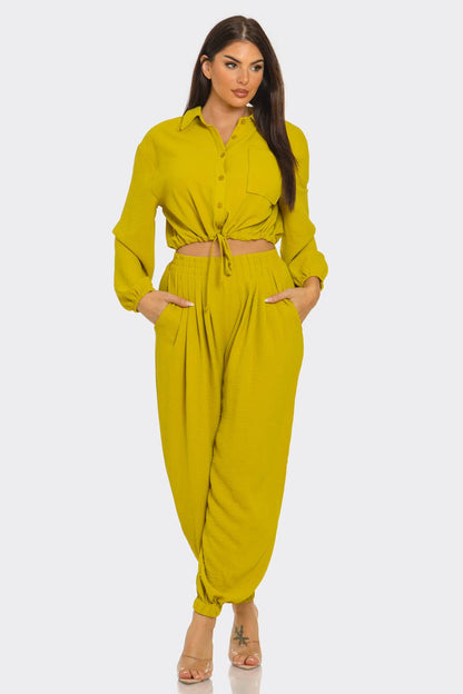 Button Down Elastic Spaghetti Tie Top & Pants Set
