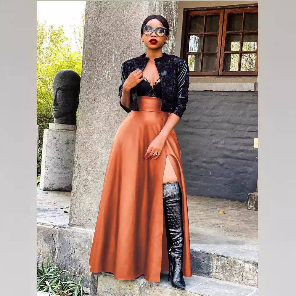Women Fashion Sexy Solid Color Leather Long Skirt
