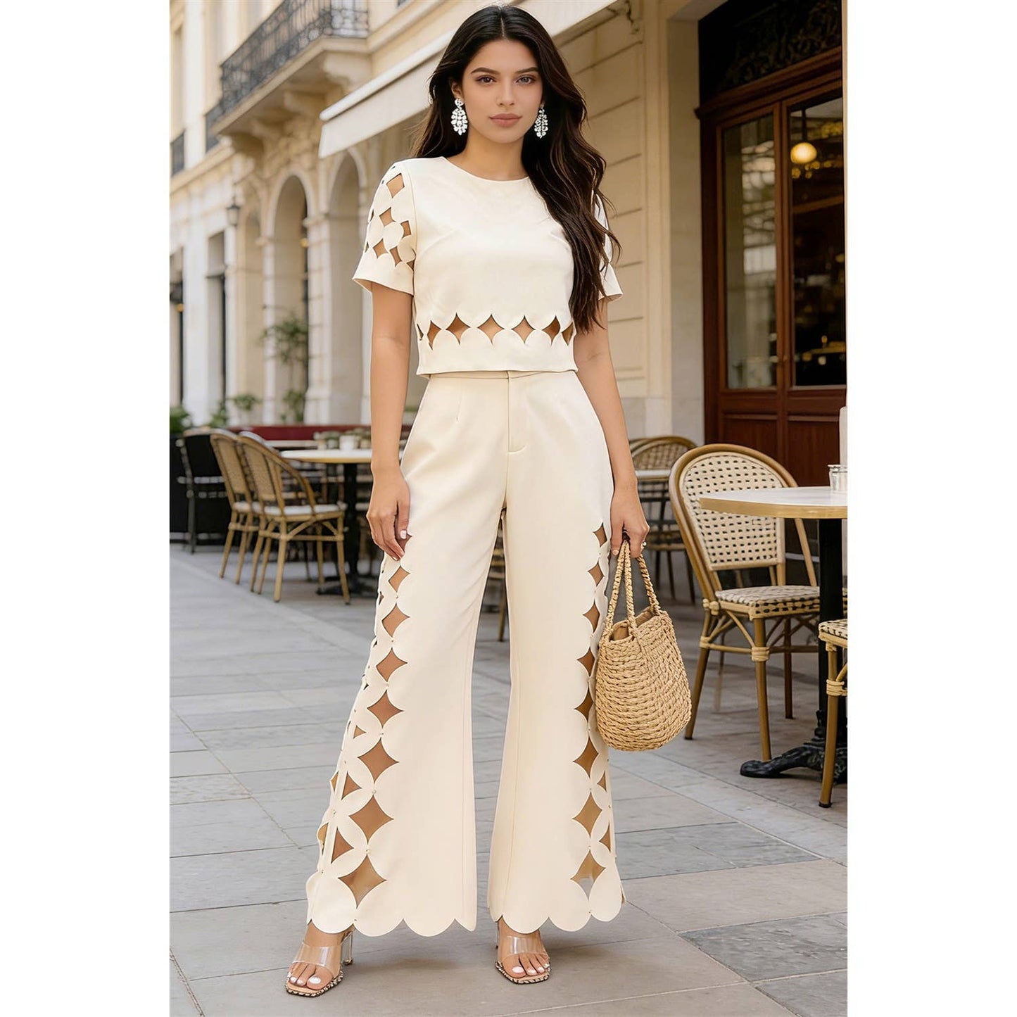 Ivory Sculpted Cutout Palazzo Pants