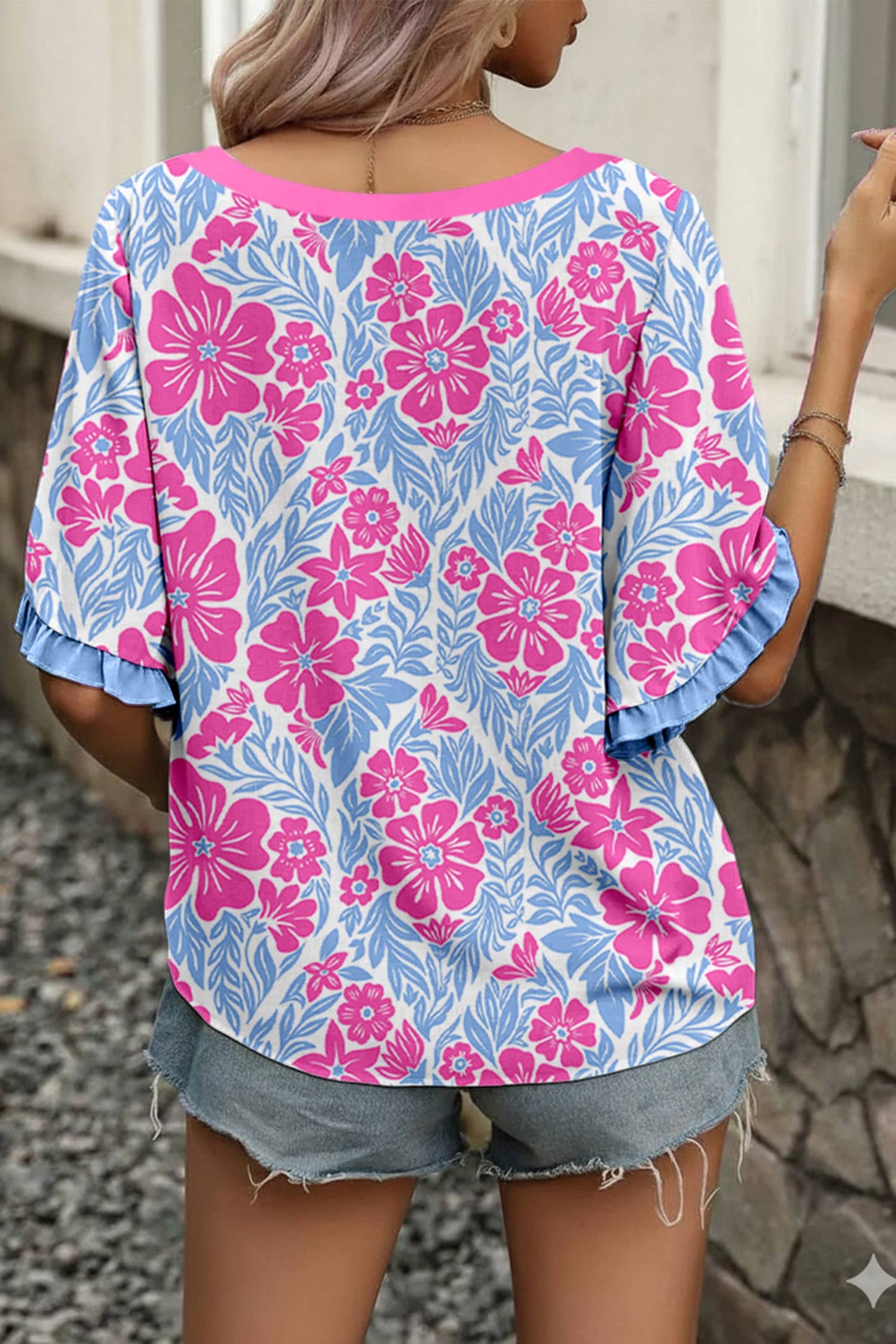Floral Print Frill Contrast Trim S/S 26 Blouse | S-XL