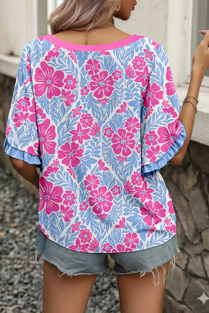 Floral Print Frill Contrast Trim S/S 26 Blouse | S-XL