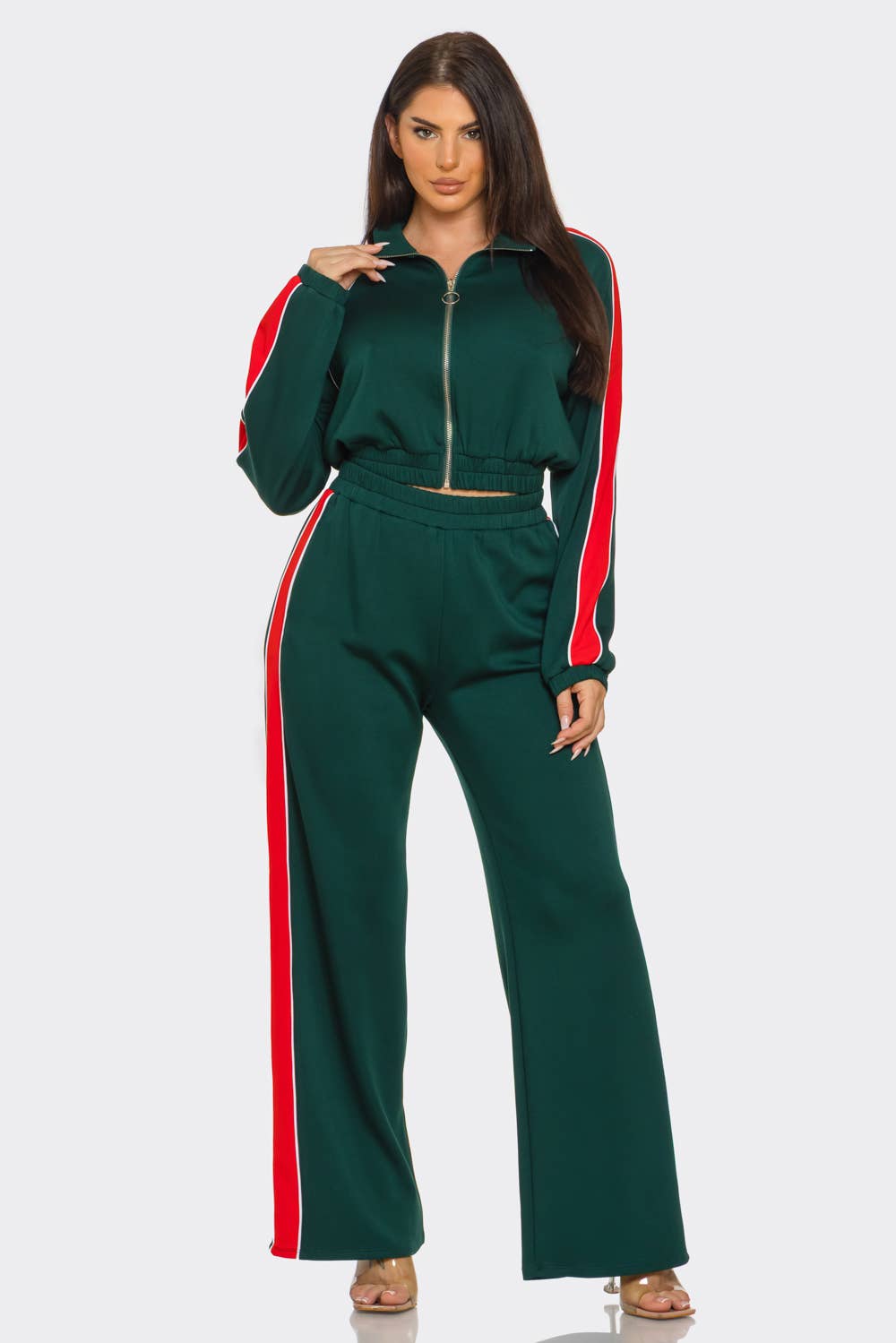 Colorblock Front Zip Up Top And Pants Set