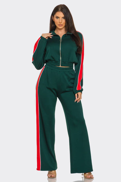 Colorblock Front Zip Up Top And Pants Set