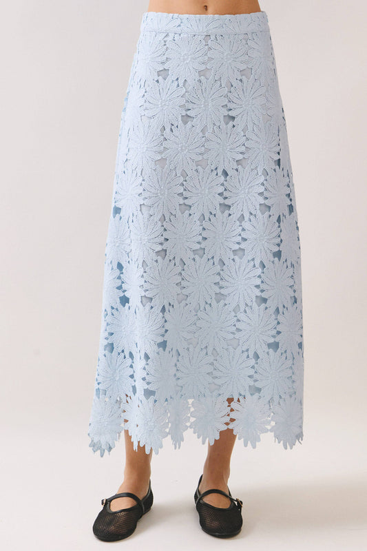 CS3985-Floral Lace Scalloped Hem Fully Lined Midi Skirt
