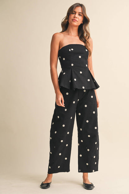 POLKADOT STRAPLESS PEPLUM TOP AND BARREL PANTS SET