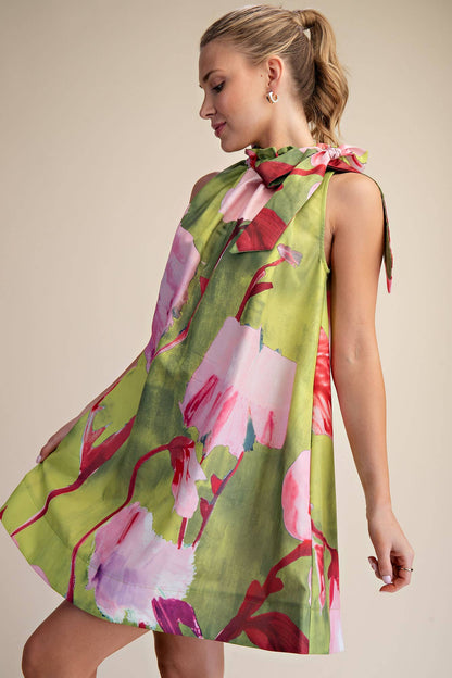 Flora Luxe Tie-Neck Mini Dress