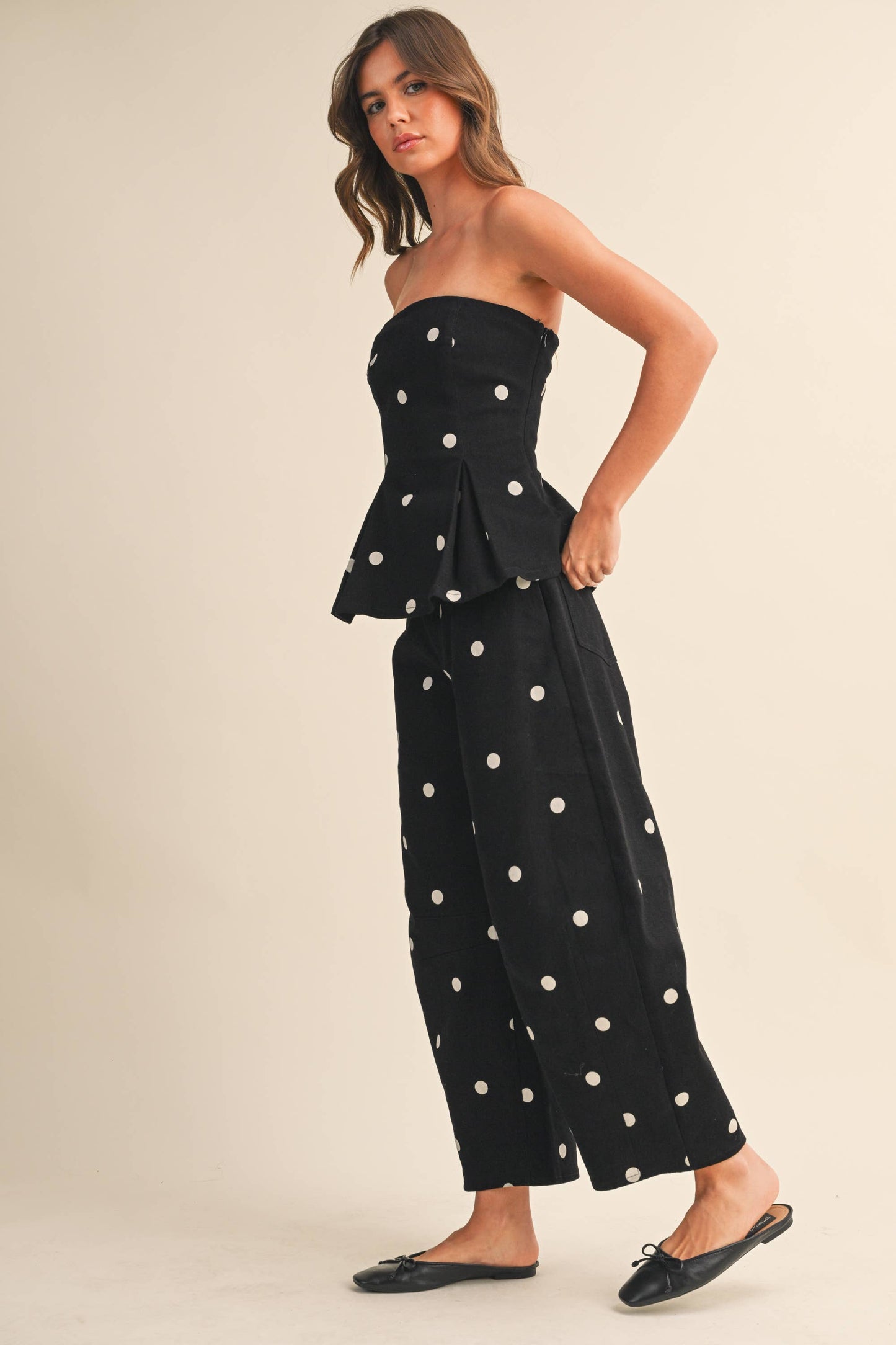 POLKADOT STRAPLESS PEPLUM TOP AND BARREL PANTS SET