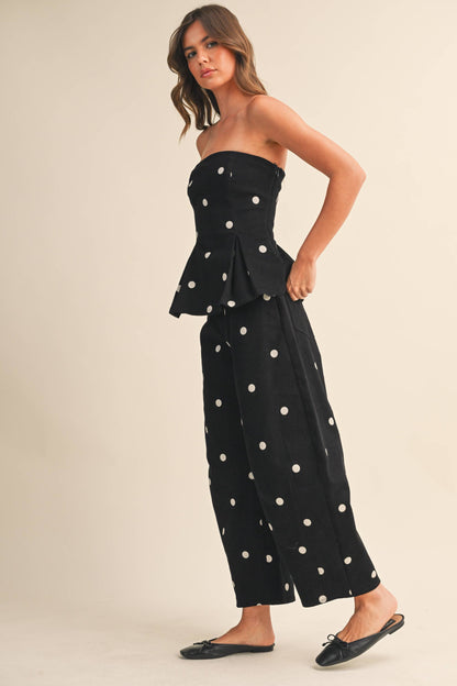 POLKADOT STRAPLESS PEPLUM TOP AND BARREL PANTS SET