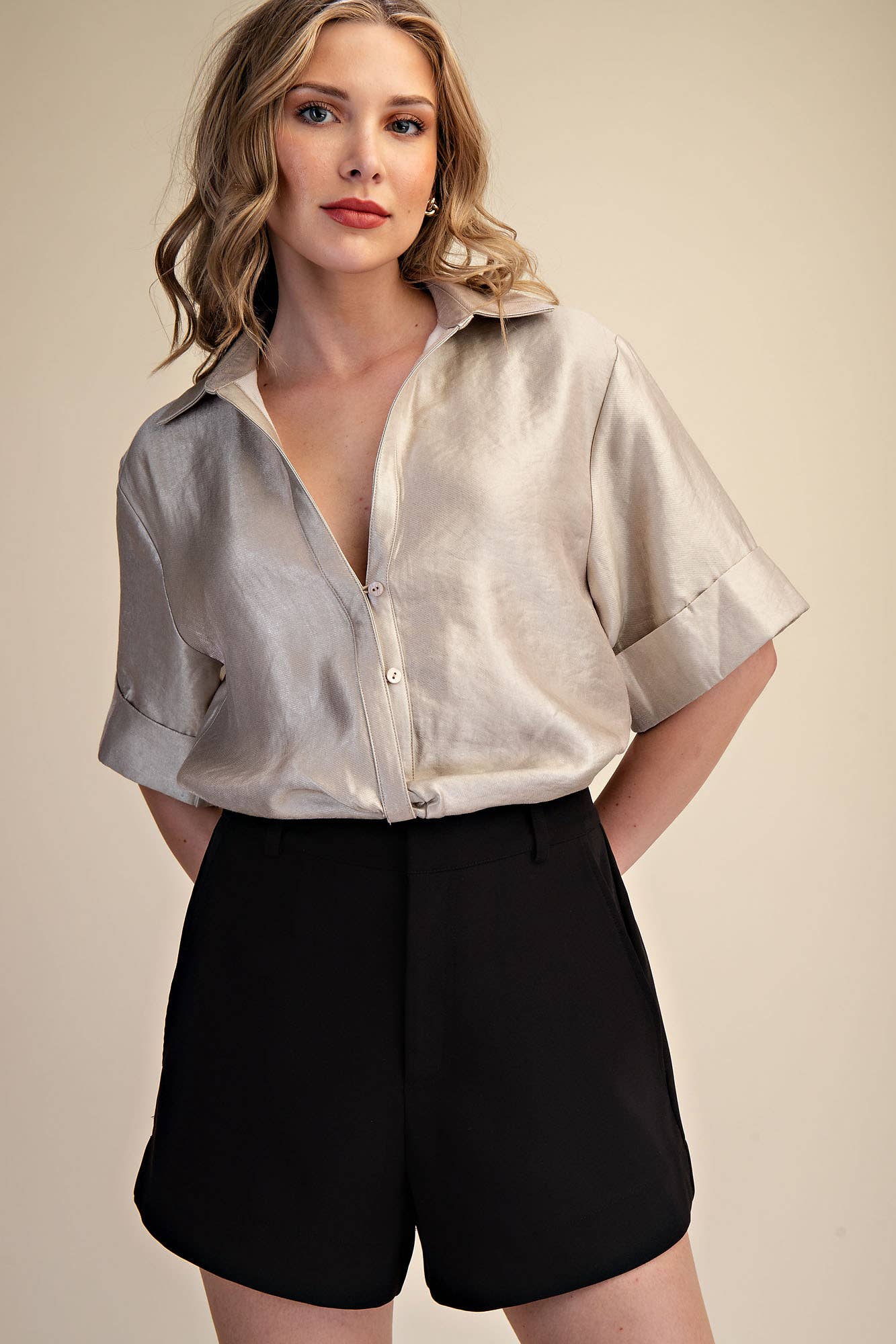 Deep Neck And Lapel Collar Short Sleeve Shirt