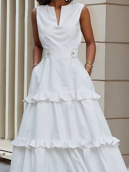 A-Line Buttoned Pleated V-Neck Maxi Dress