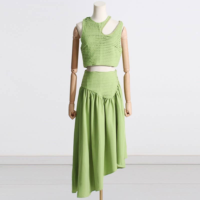 SET083 Sultry Wrap-Top & Pleated Skirt Ensemble