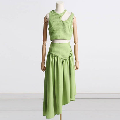 SET083 Sultry Wrap-Top & Pleated Skirt Ensemble