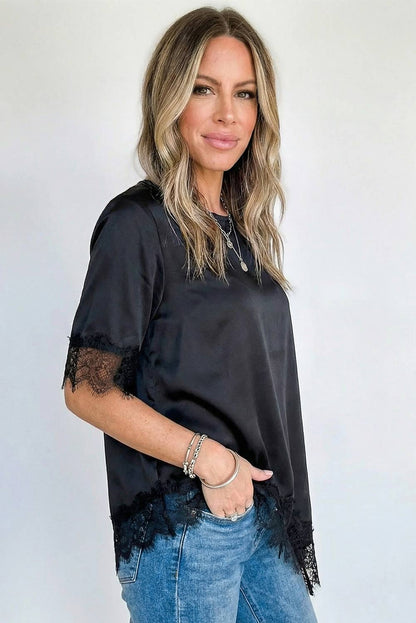 Asymmetric Lace Trim Short Sleeve Satin Top
