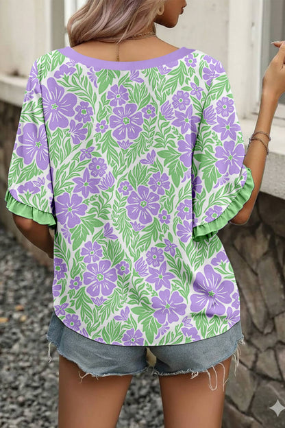 Floral Print Frill Contrast Trim S/S 26 Blouse | S-XL