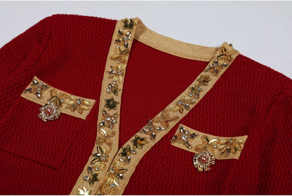 Carolina Elegant Knitted V-Neck Hand-Beaded Long-Sleeve Dress