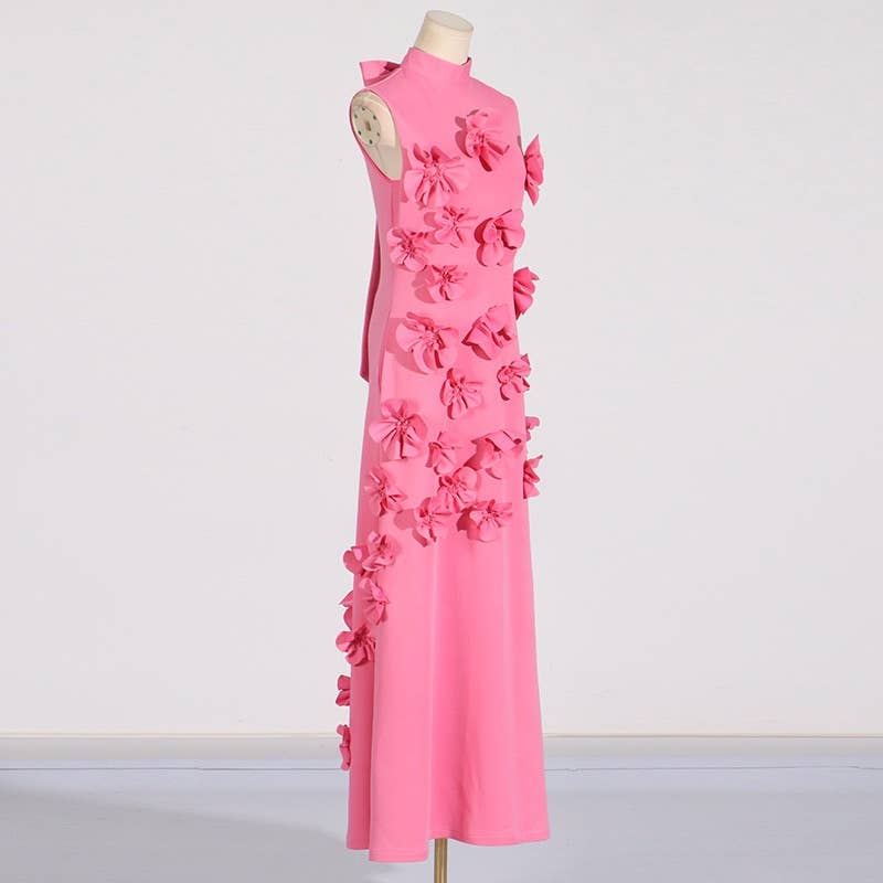 Chic Collar Sleeveless Dress with 3D Flowers